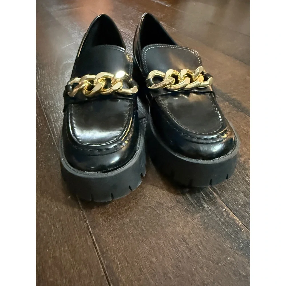 Guess Platform Lug Sole Loafers 7.5 Black Gold Chain Chunky Slip On Shoes retro